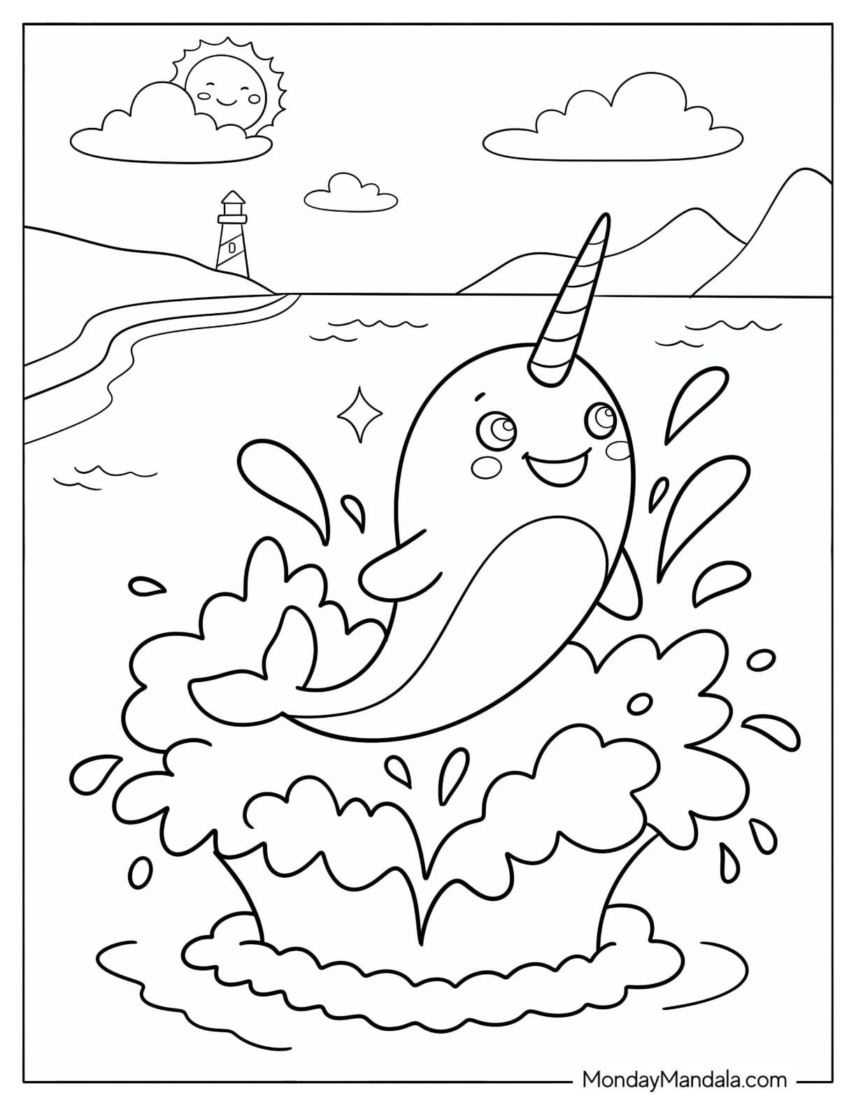 Narwhal Leaping Out of the Water Coloring Sheet