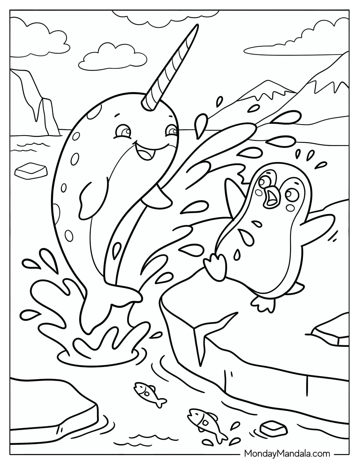 Narwhal Surprising a Penguin Coloring Sheet