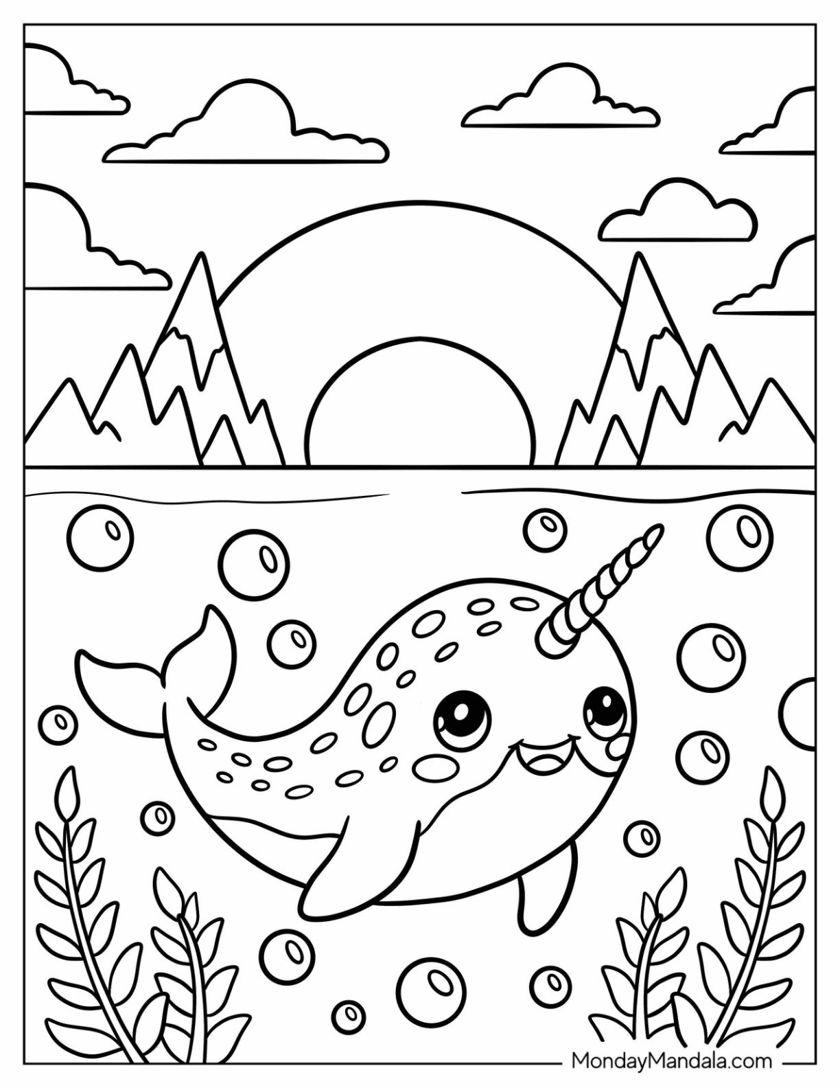 Arctic Animals Coloring Page of Narwhal Swimming Beneath Sunset for Kids