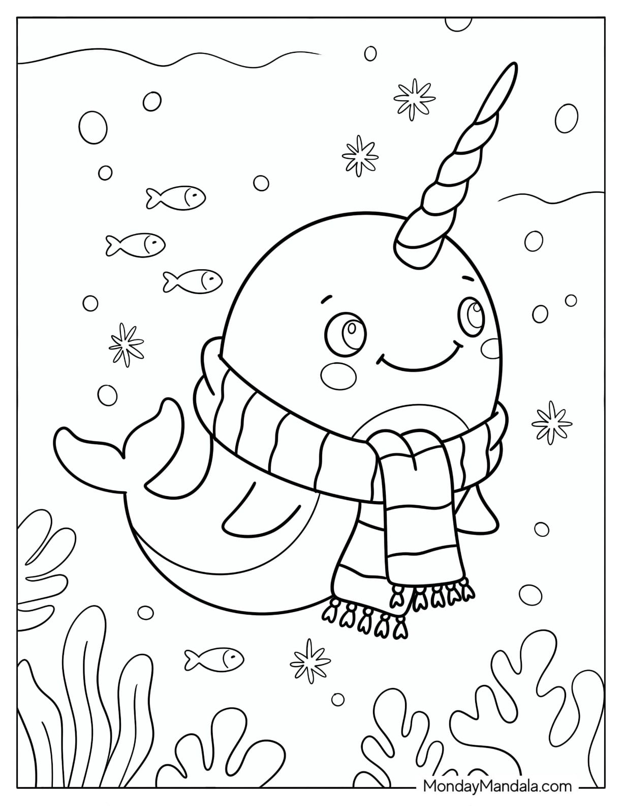 Narwhal Wearing a Striped Scarf Coloring Page for Kids