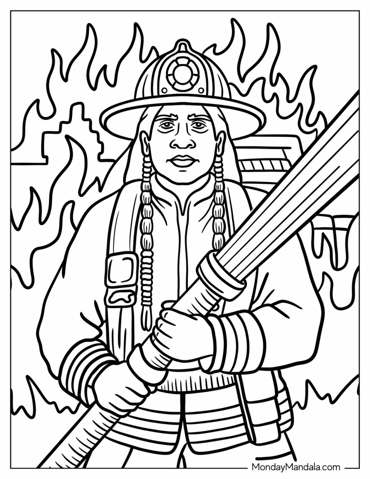 Native American Coloring Page of Firefighter Holding Hose in Front of Flames
