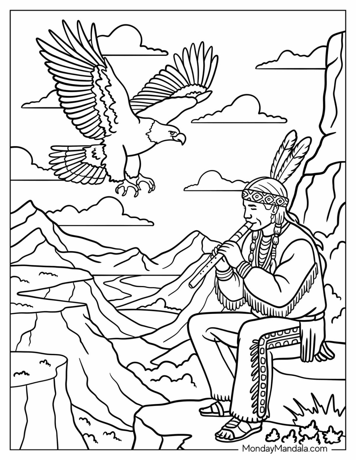 Native American Coloring Page of Flute Player on Mountain Cliff with Soaring Eagle