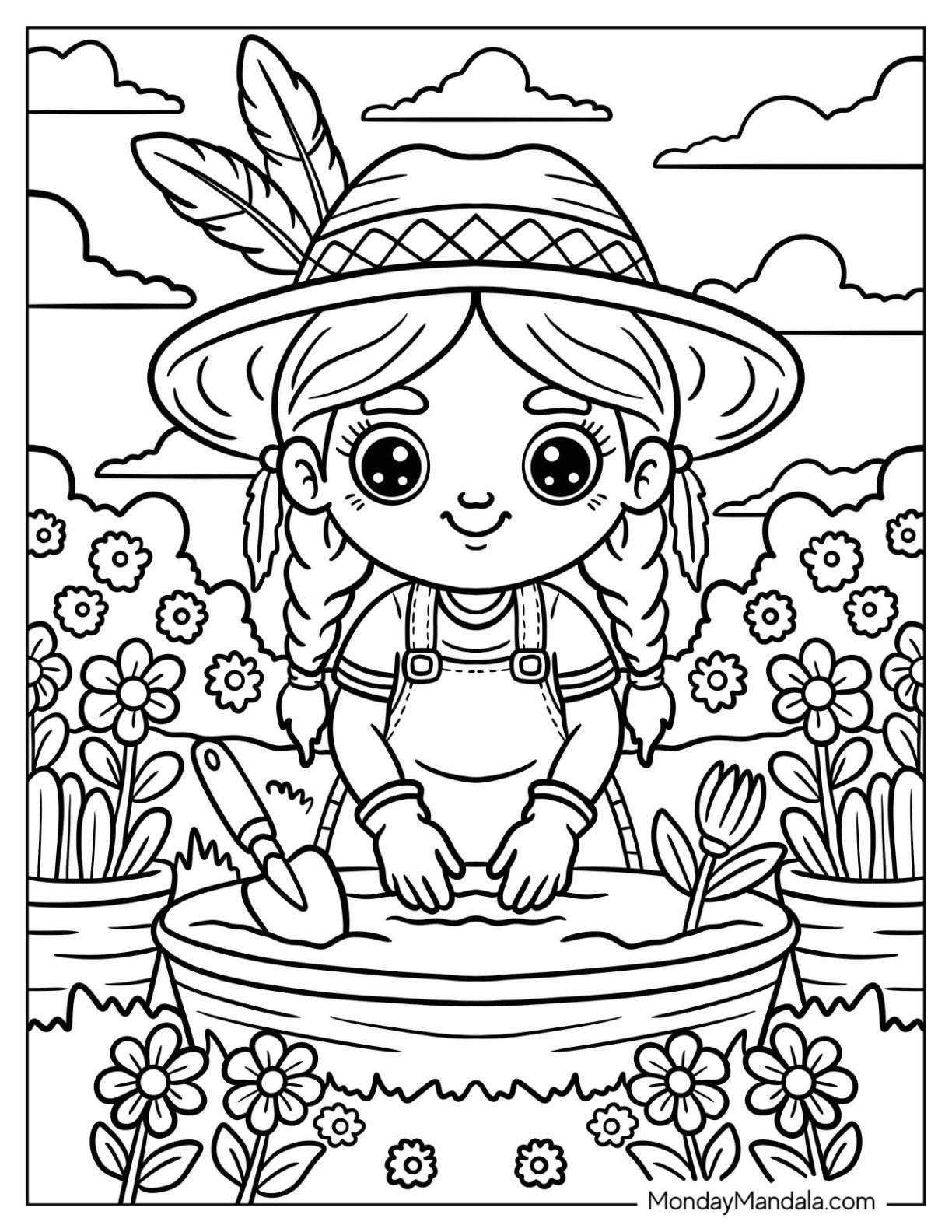 Native American Coloring Page of Girl in Straw Hat Planting Flowers in Garden for Kids