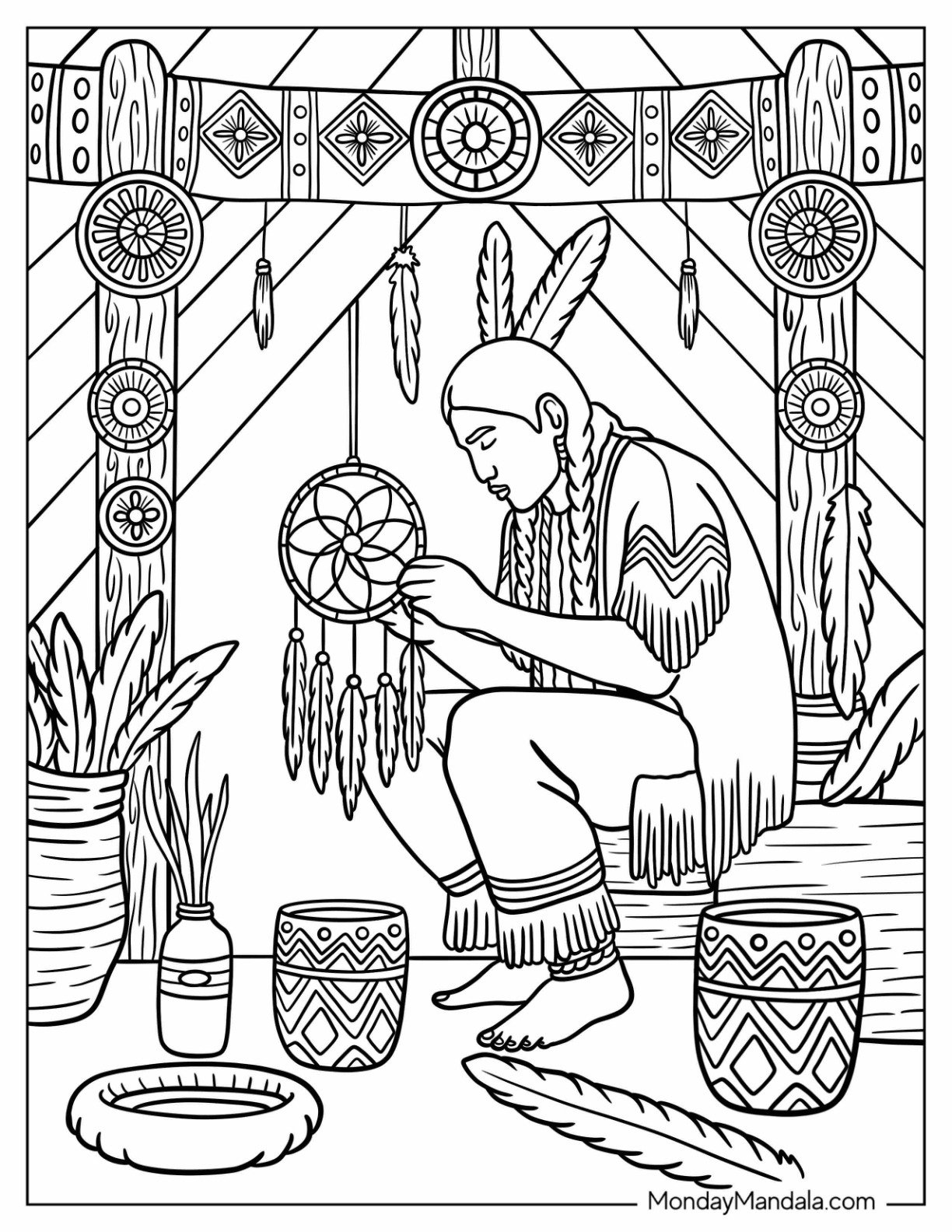 Native American Coloring Page of Man Weaving Dreamcatcher Inside Traditional Shelter