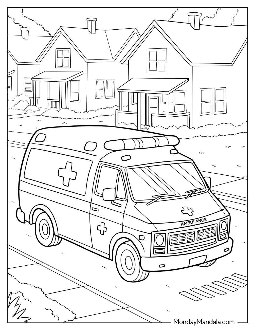 Neighborhood Ambulance Coloring Page Driving Down a Suburban Street