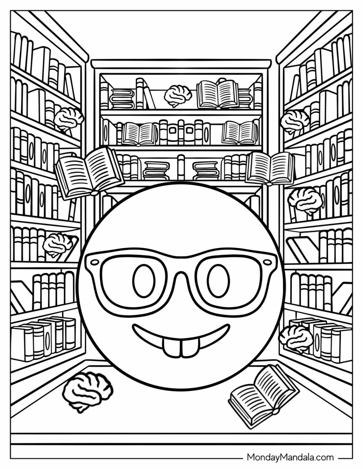 Nerd Emoji Coloring Page in a Library for Kids