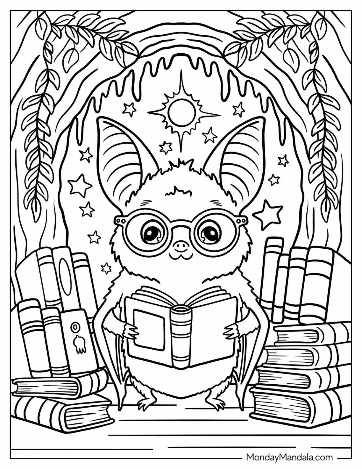 Nerdy Bat Coloring Page Reading a Book in a Cave at Night for Kids