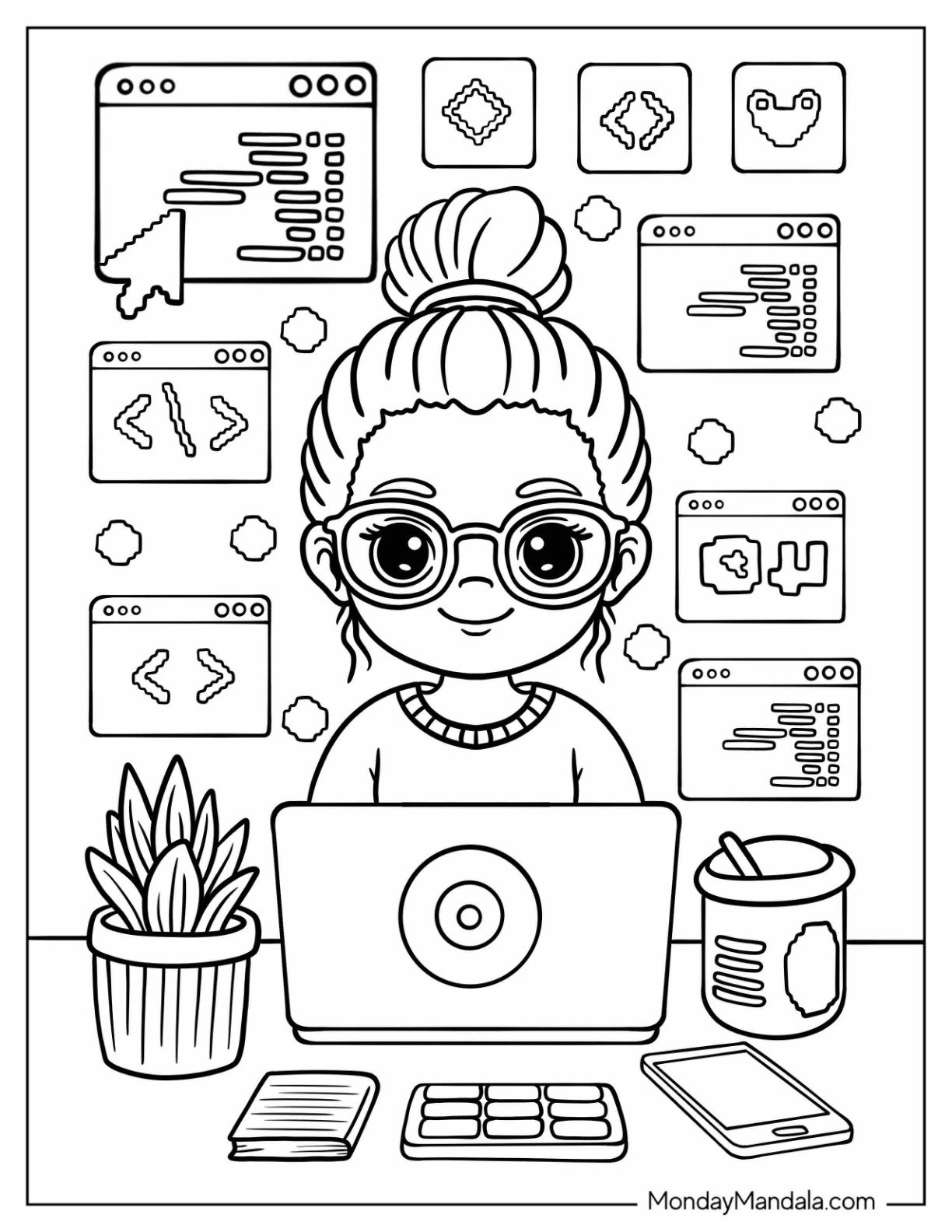 Nerdy Black Girl & Boy Coloring Page Working on Her Computer for Kids