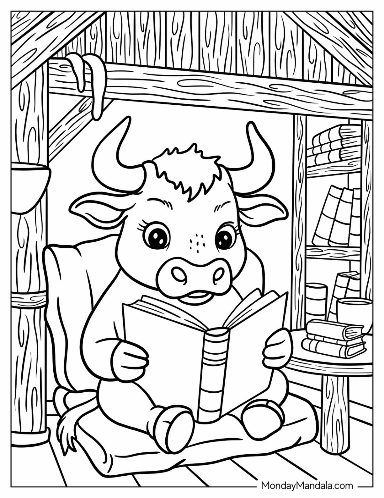 Nerdy Bull Coloring Page Reading a Book in a Cozy Corner for Kids