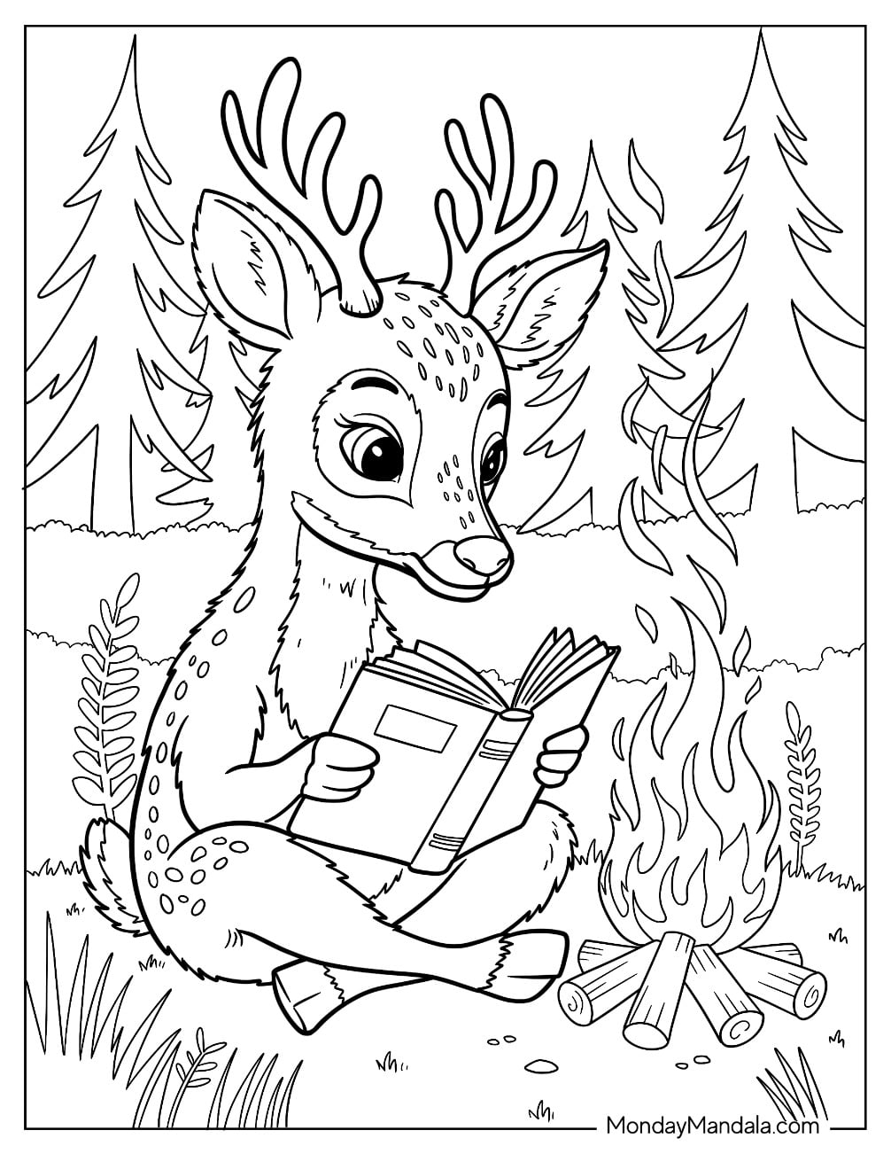 Nerdy Deer Coloring Page Reading Next to a Bonfire