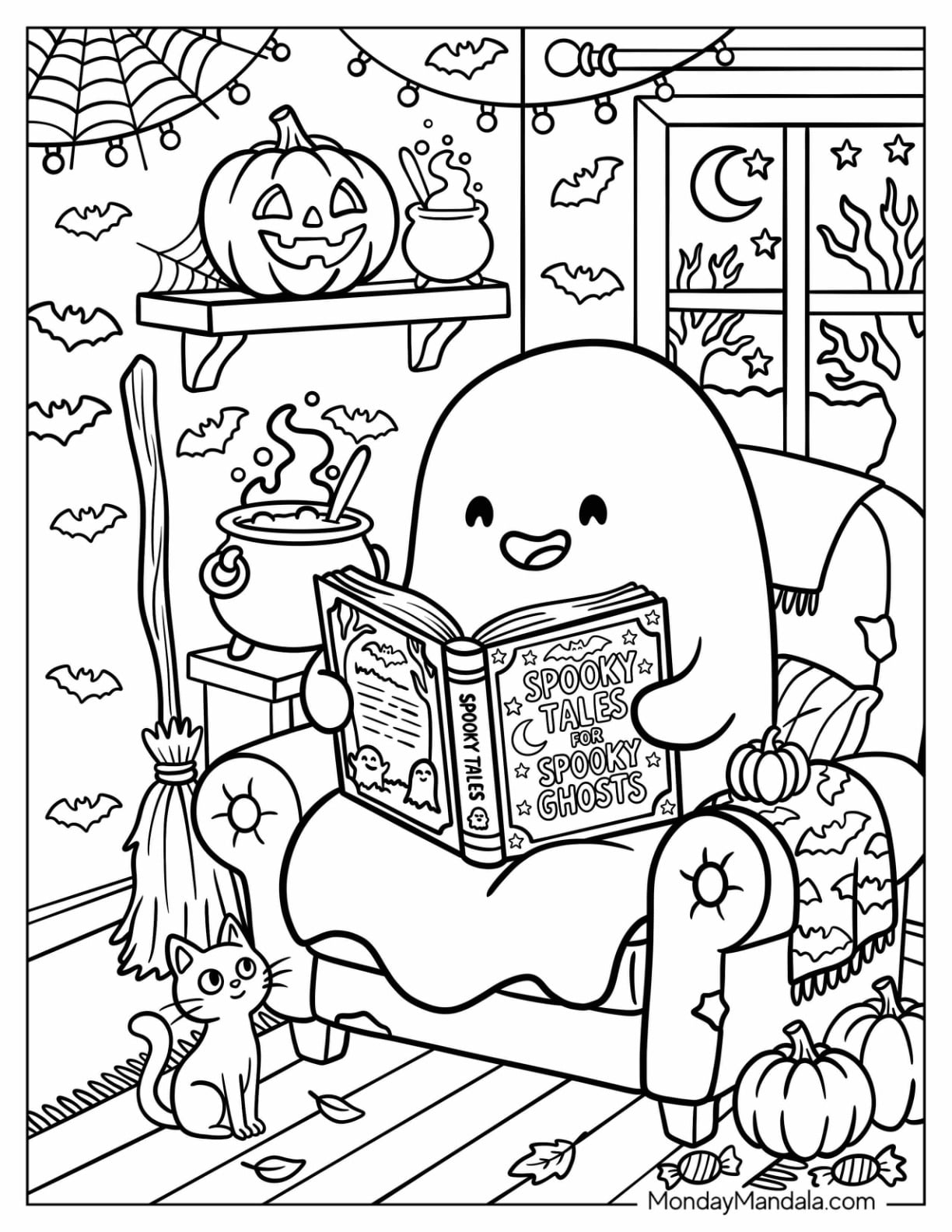 Nerdy Ghost Reading Spooky Tales on Halloween