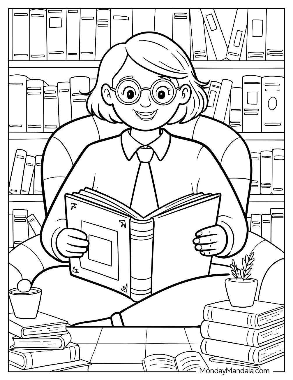 People Coloring Page of Nerdy Girl Sitting In An Armchair With A Book