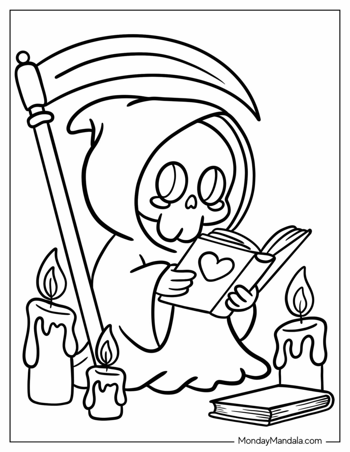Nerdy Grim Reaper Coloring Page Reading Books by Candlelight for Preschoolers