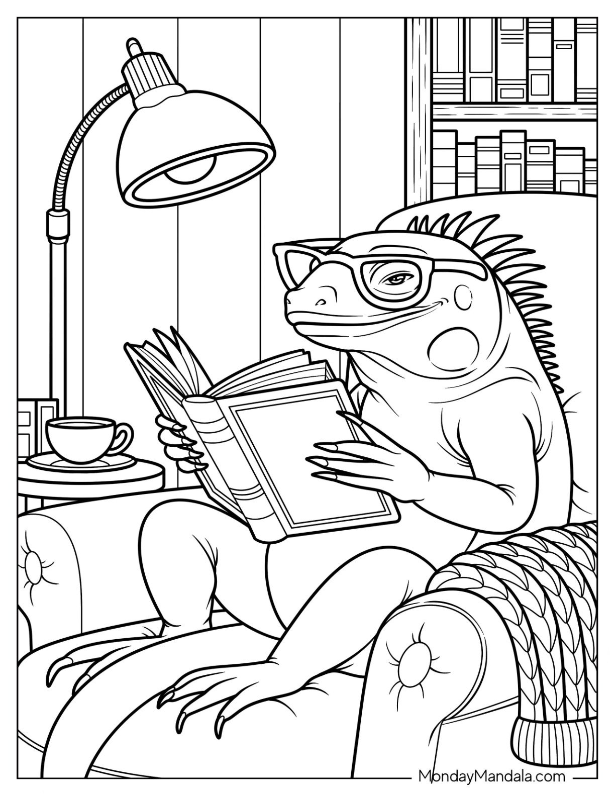 Nerdy Iguana Coloring Page Reading A Book in an Armchair