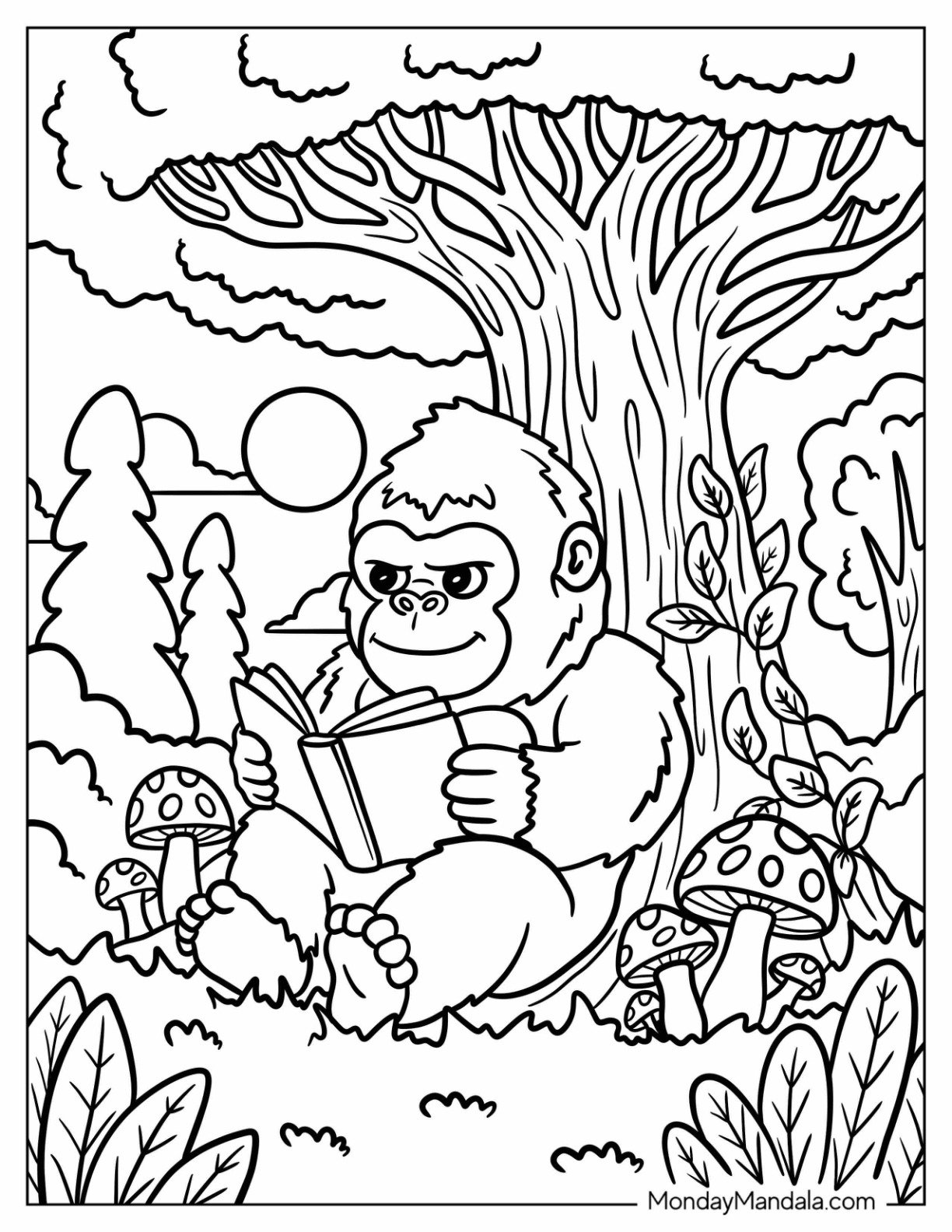 Nerdy King Kong Coloring Page Reading a Book Under a Tree for Kids
