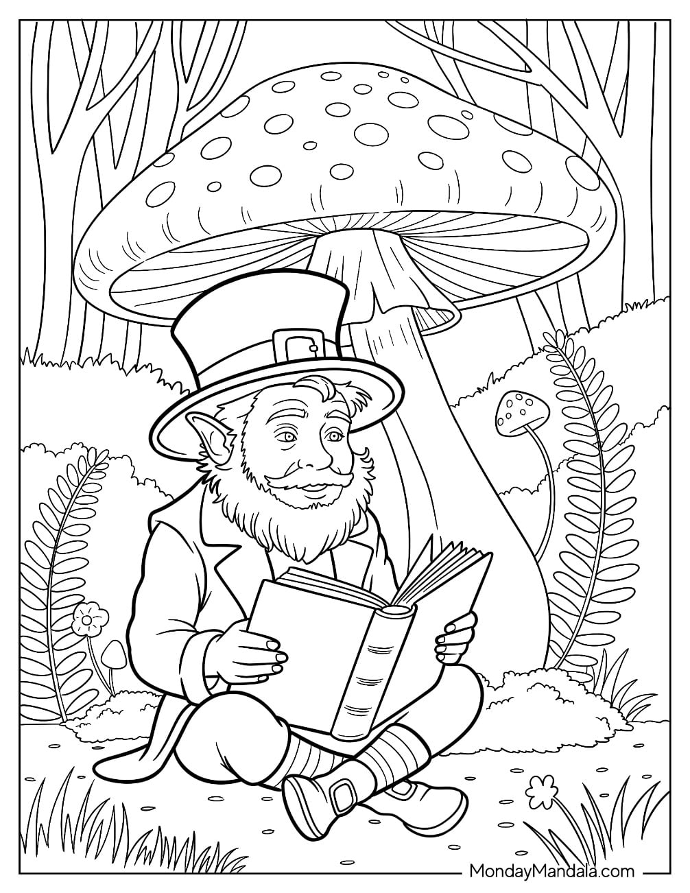 Nerdy Leprechaun Coloring Page Reading Under A Mushroom