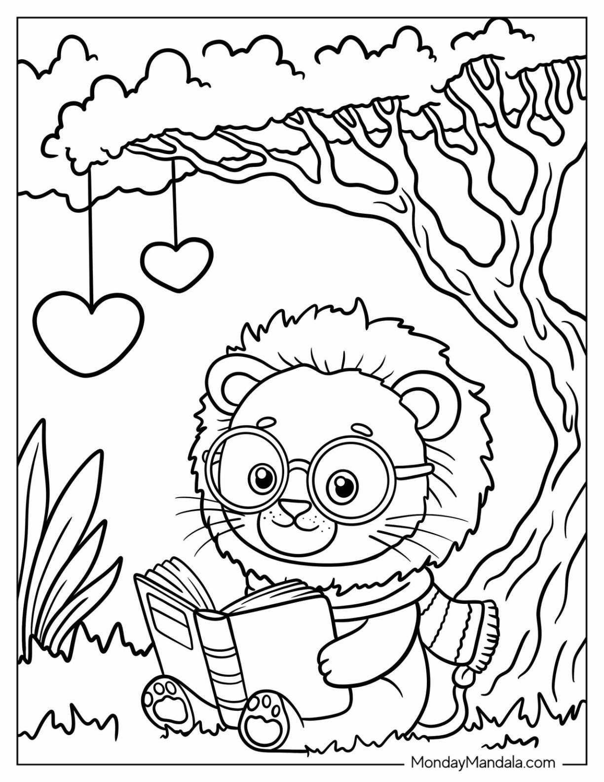 Nerdy Lion Coloring Page with a Scarf Reading a Book under a Tree for Preschoolers