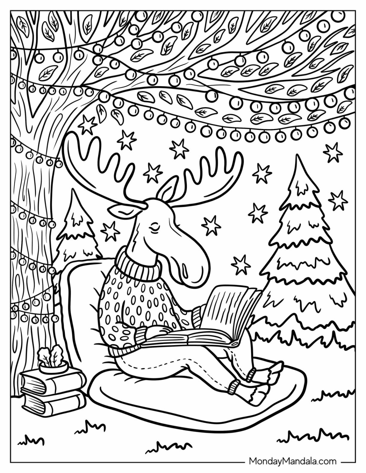 Nerdy Moose in Polka Dot Sweater Reading a Book Coloring Sheet for Kids