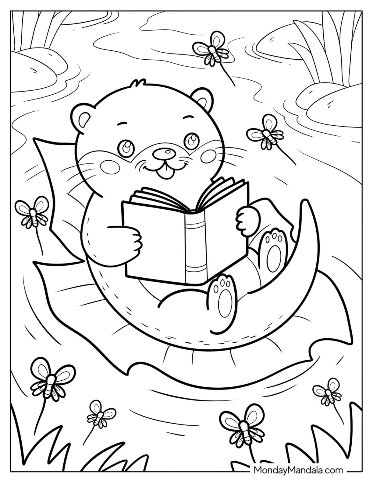 Nerdy Otter Coloring Page Reading a Book While Floating on a Leaf for Kids