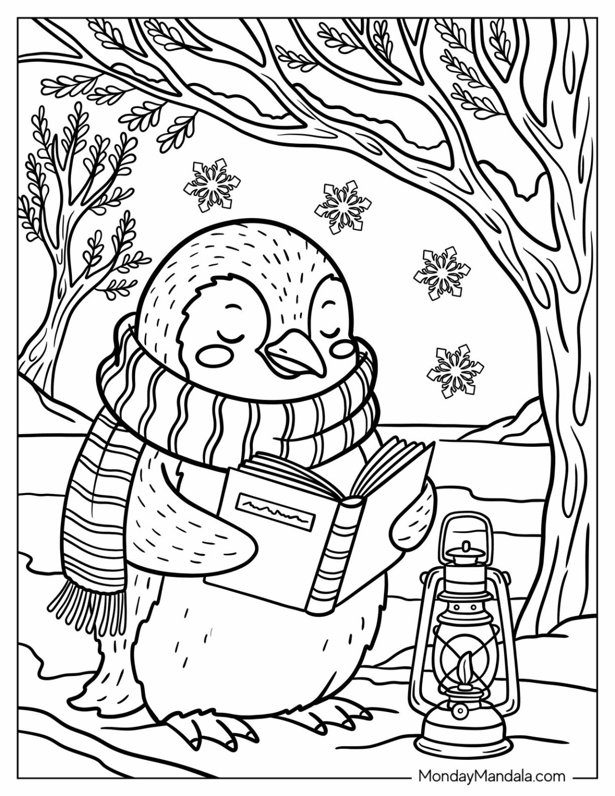 Nerdy Penguin Coloring Page Reading Book through Lamplight in the Forest