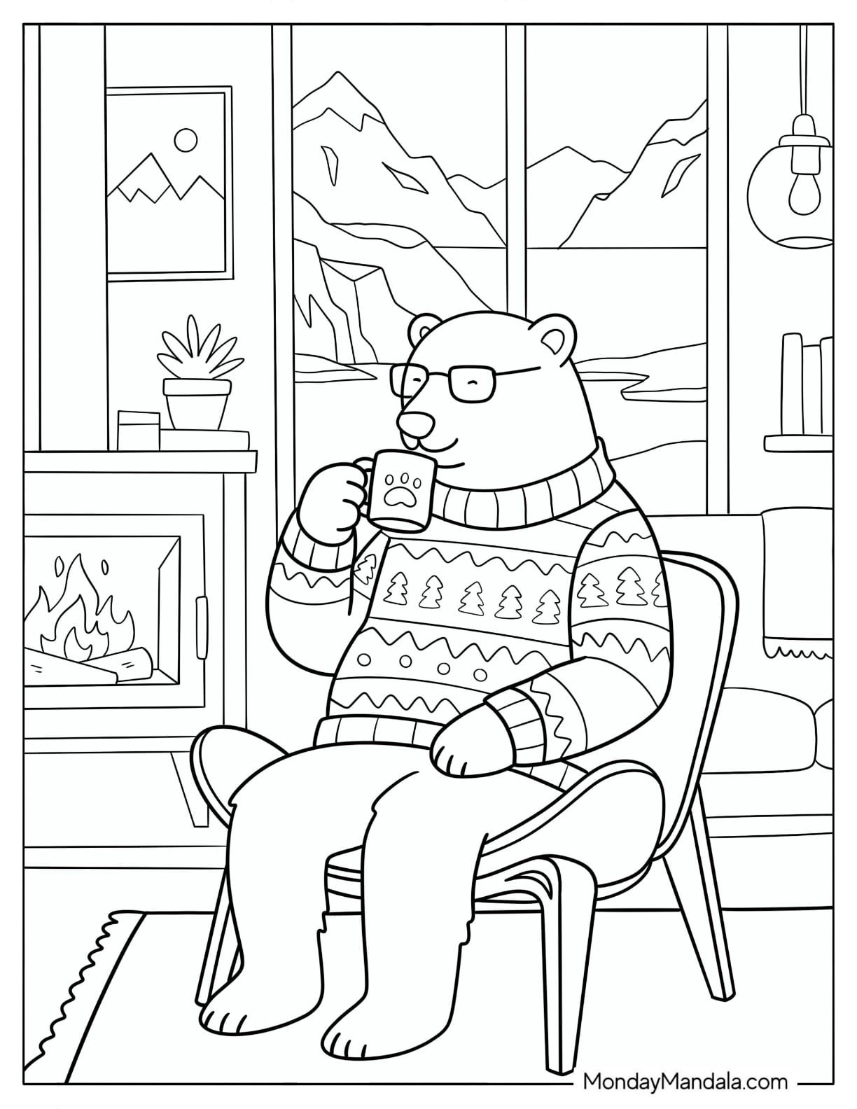 Nerdy Polar Bear in a Christmas Sweater Drinking Tea