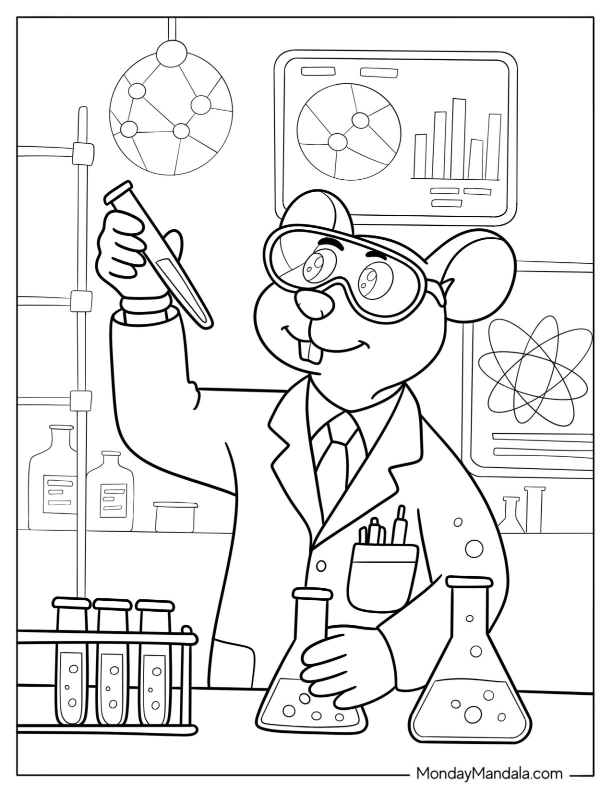 Nerdy Rat Coloring Page Wearing Goggles Holding a Test Tube in a Science Lab