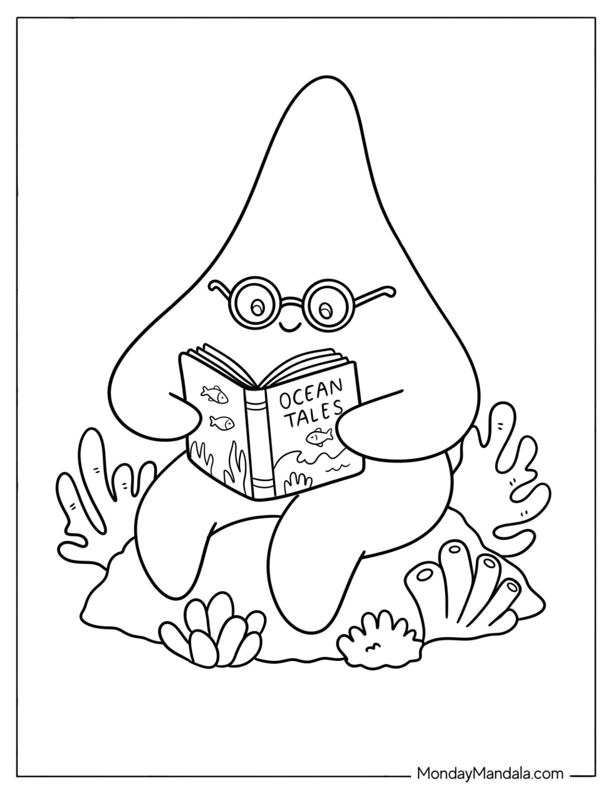 Nerdy Starfish Reading Ocean Tales Coloring Page for Kids