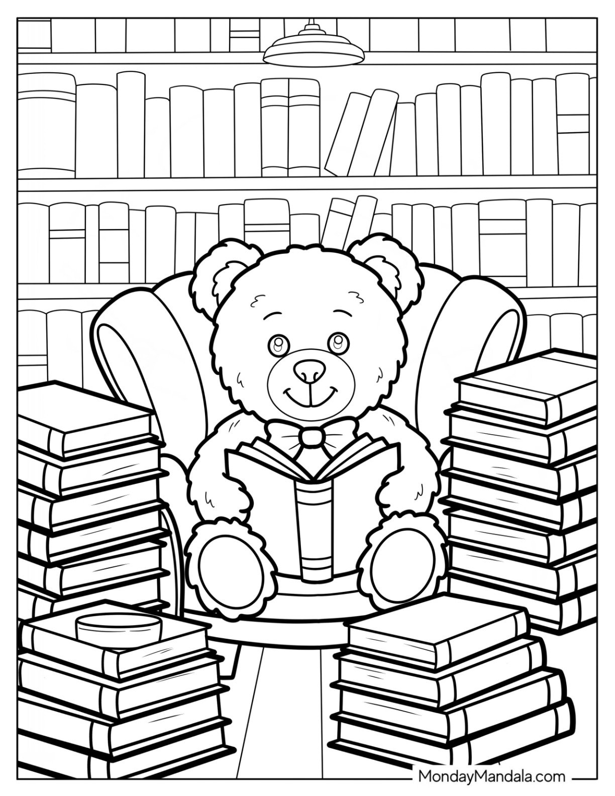 Nerdy Teddy Bear Coloring Page with Bowtie Reading a Book in an Armchair