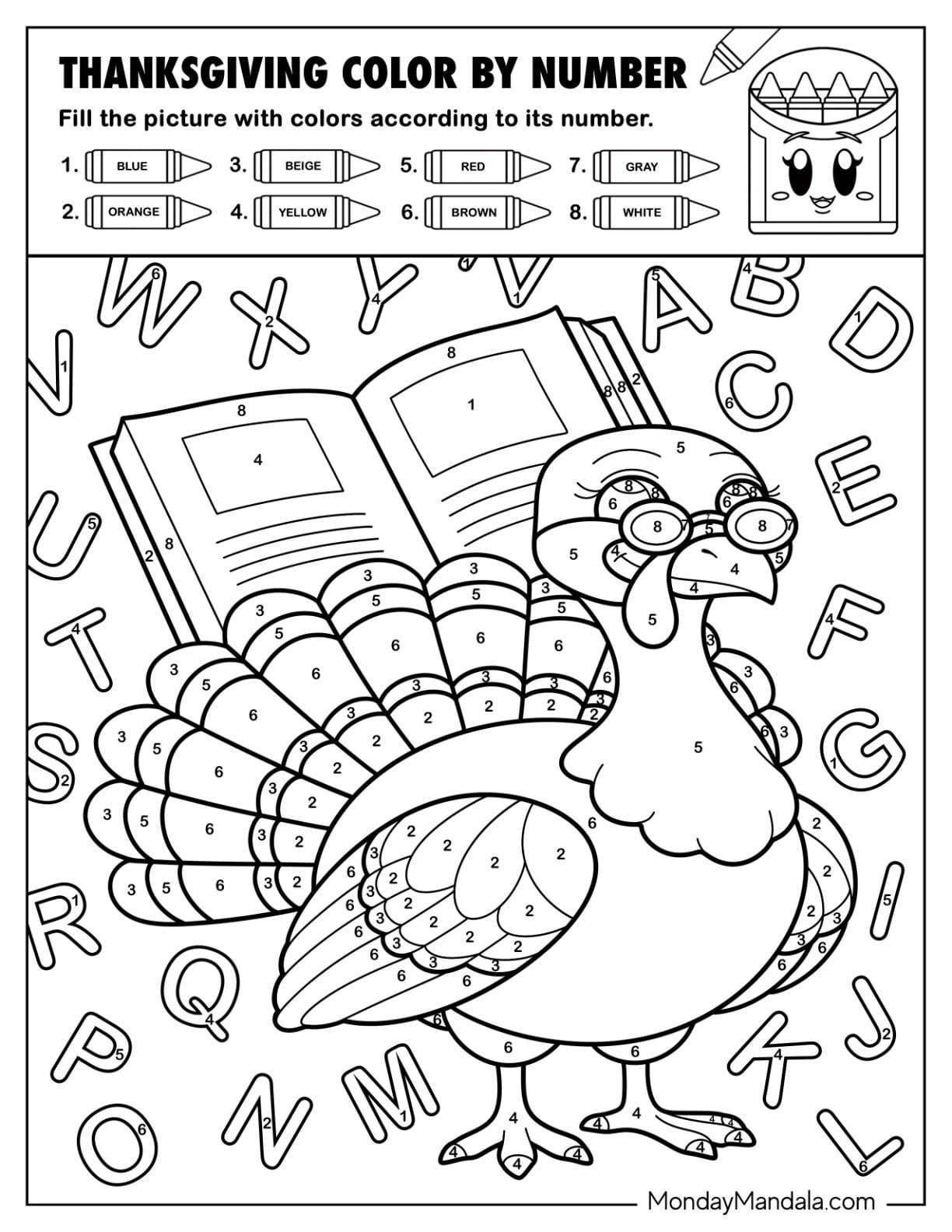 Nerdy Turkey with Book and Alphabets Thanksgiving Color By Number