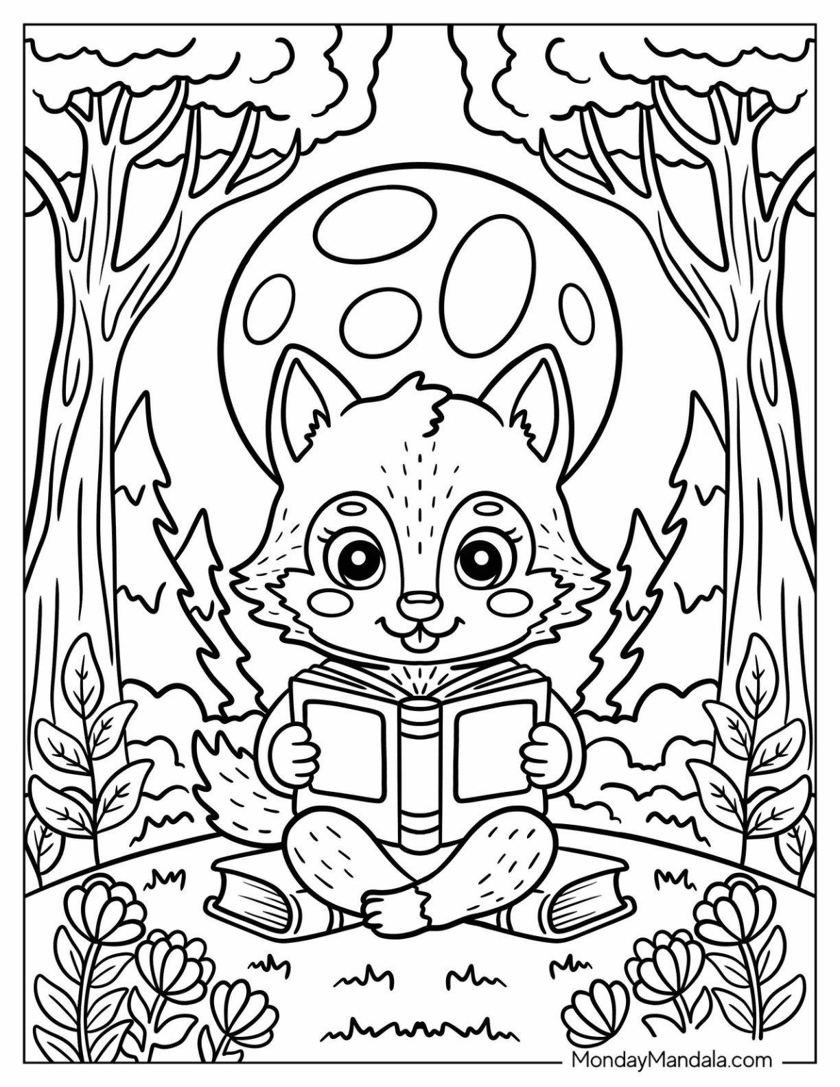 Nerdy Werewolf Coloring Page Reading Books in a Forest for Kids