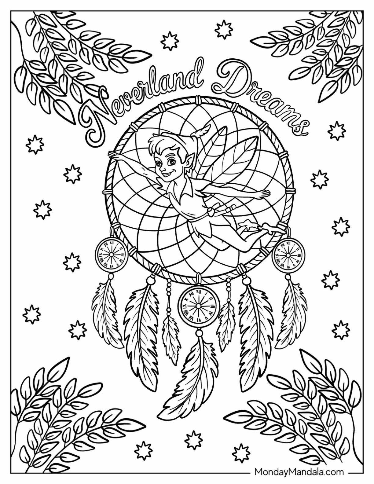 Neverland Dreams Text with Peter Pan Coloring Page Flying Through a Dreamcatcher