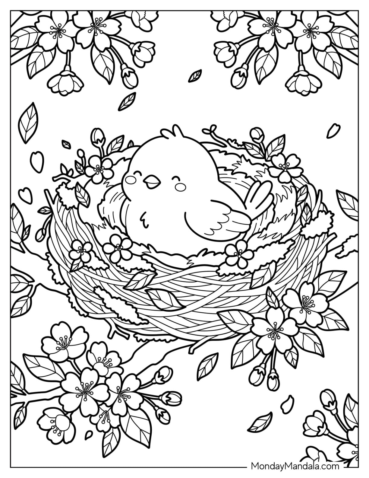 Newborn Chick in a Nest with Spring Flowers Coloring Sheet