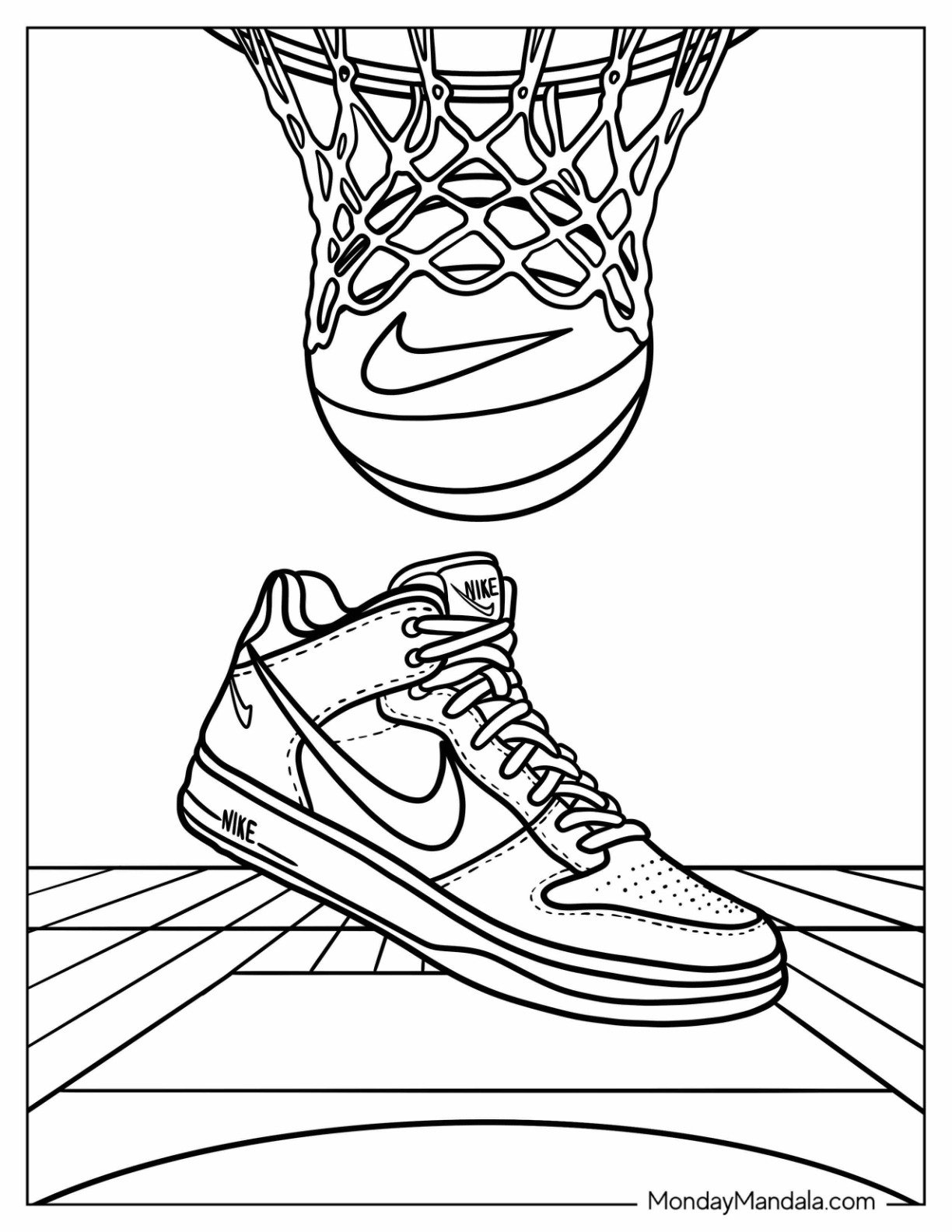 Nike Coloring Page Air Jordans Under a Basketball Going Through A Net