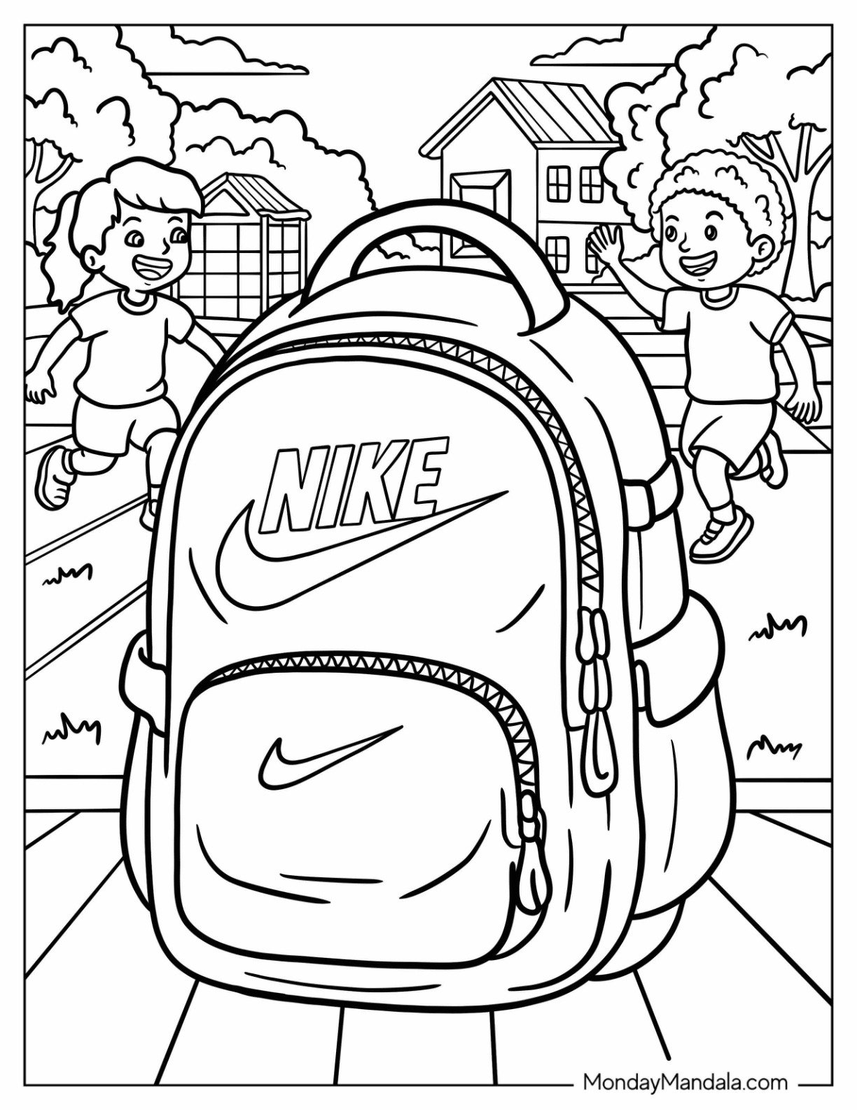 Nike Coloring Page School Backpack on a Bench with Kids in the Background