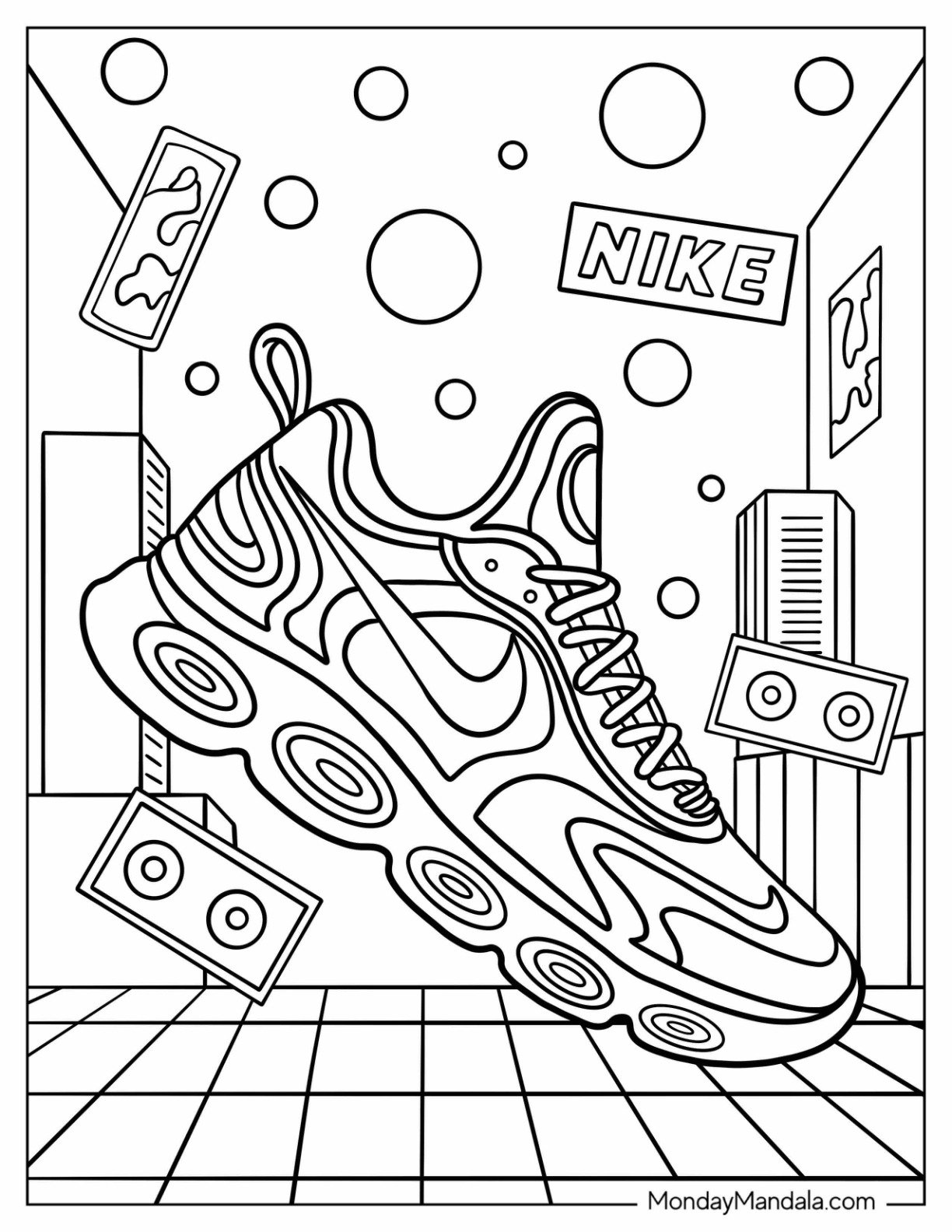 Nike Coloring Page Sneaker with Wavy Design in a Futuristic Background