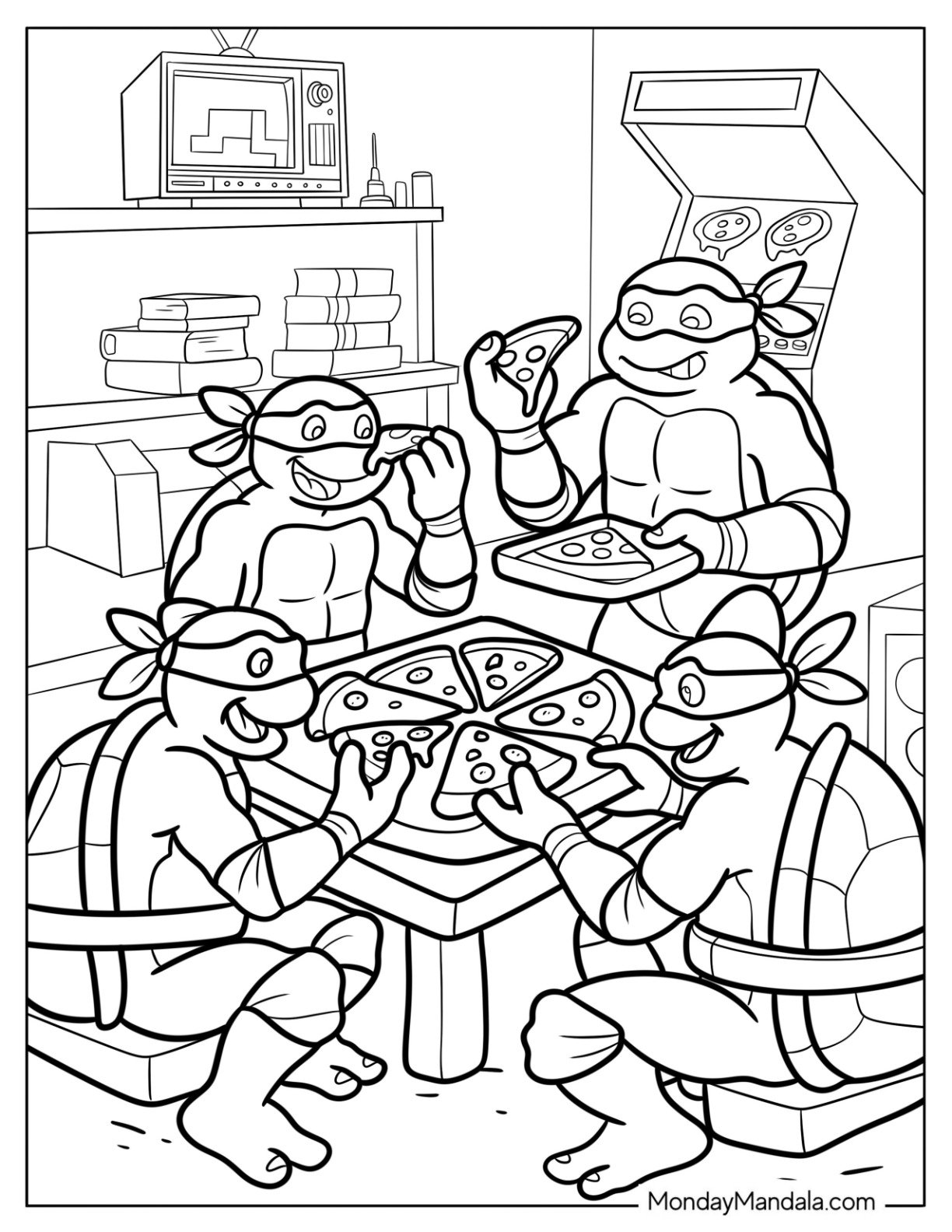 Ninja Turtles Eating Pizza Coloring Page for Kids