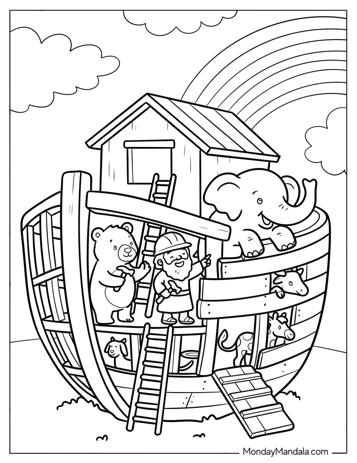 Noah's Ark Coloring Page Building the Ark with Animals In It