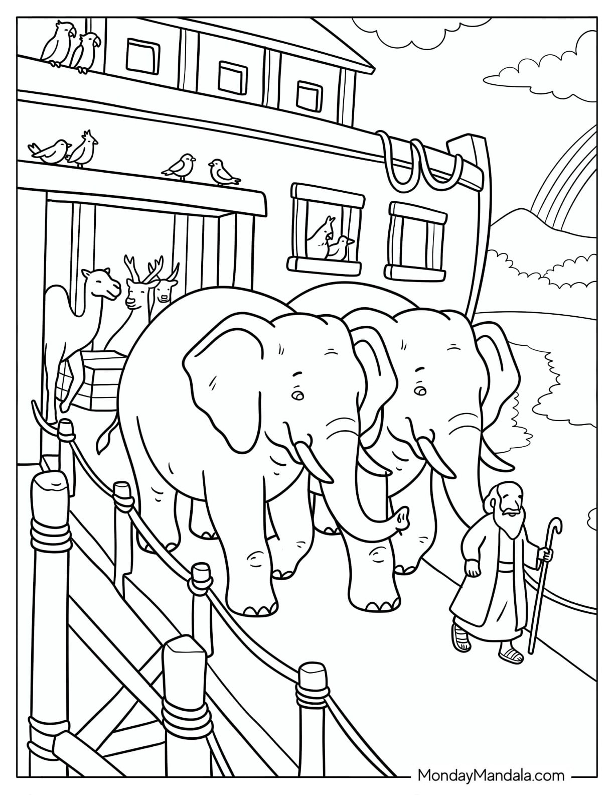 Noah Leading Elephants Out of the Ark Coloring Sheet
