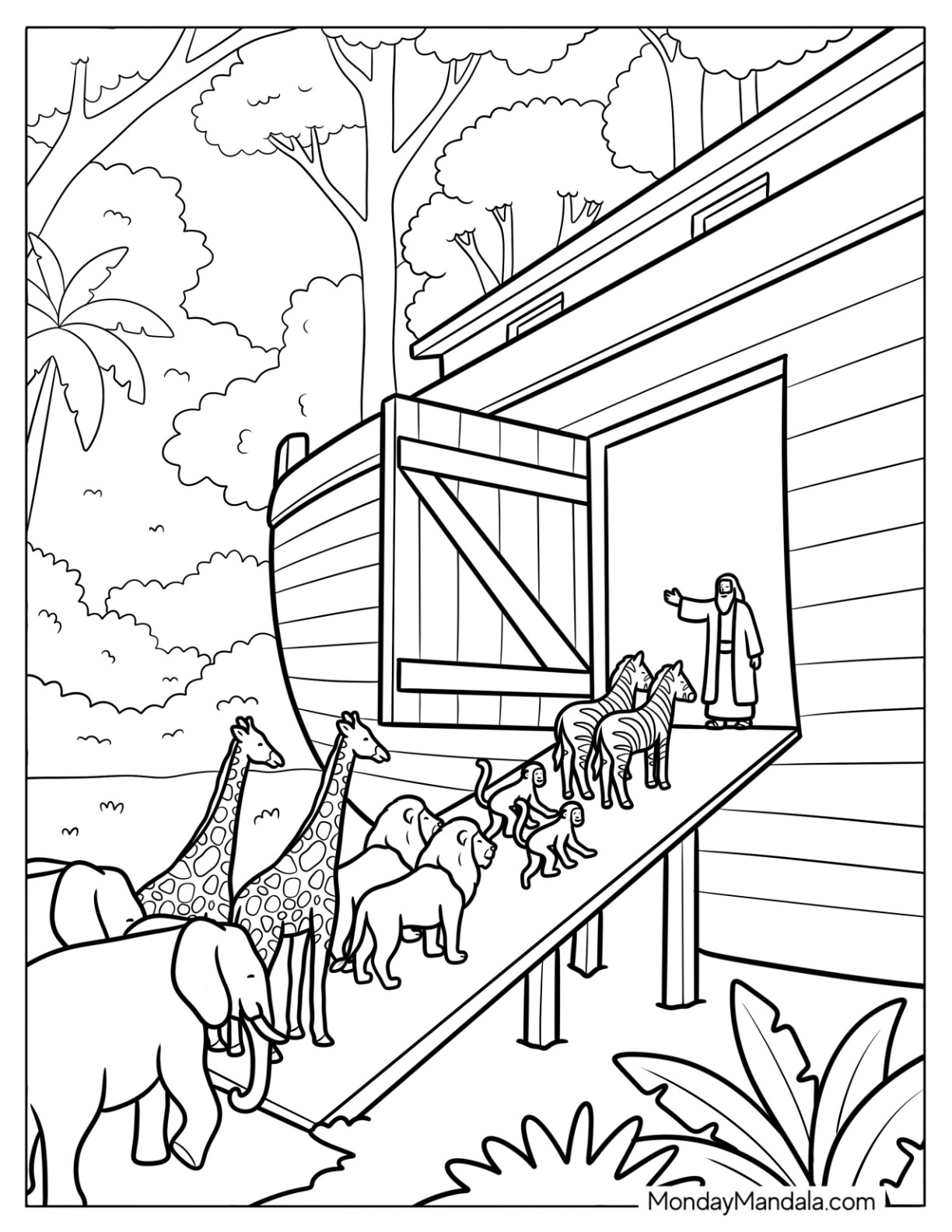 Noah's Ark Coloring Page Welcoming the Animals into the Ark