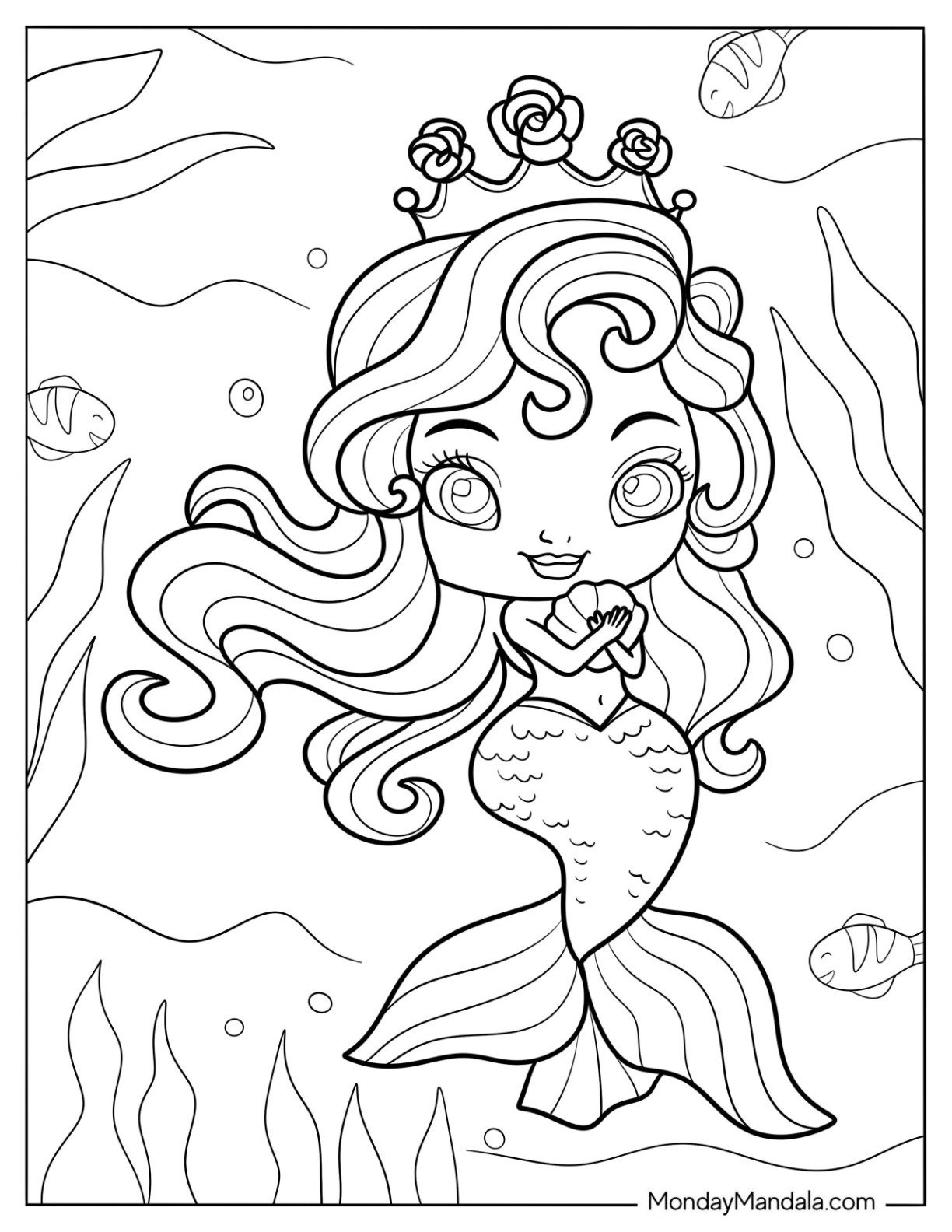 Noble Mermaid Coloring Page with Rose Crown Hugging a Shell for Kids