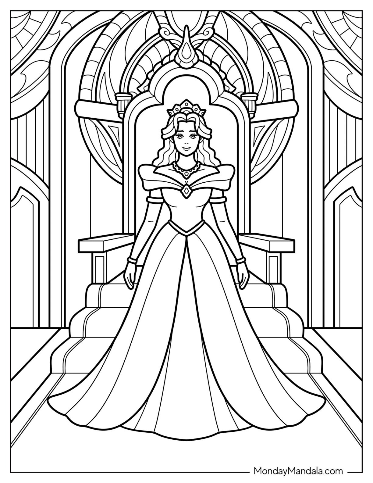 Noble Princess Coloring Page in Flowing Dress Inside Castle Hall