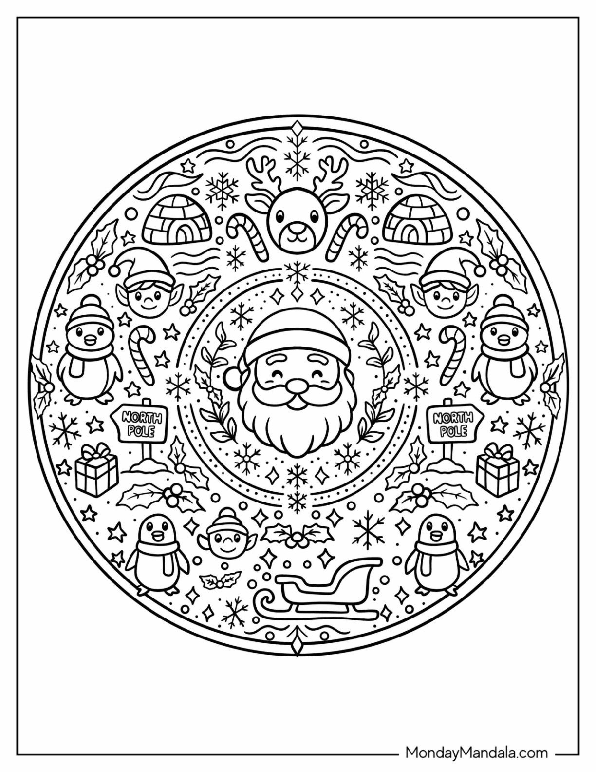 North Pole Christmas Mandala with Santa, Penguins, and Reindeer