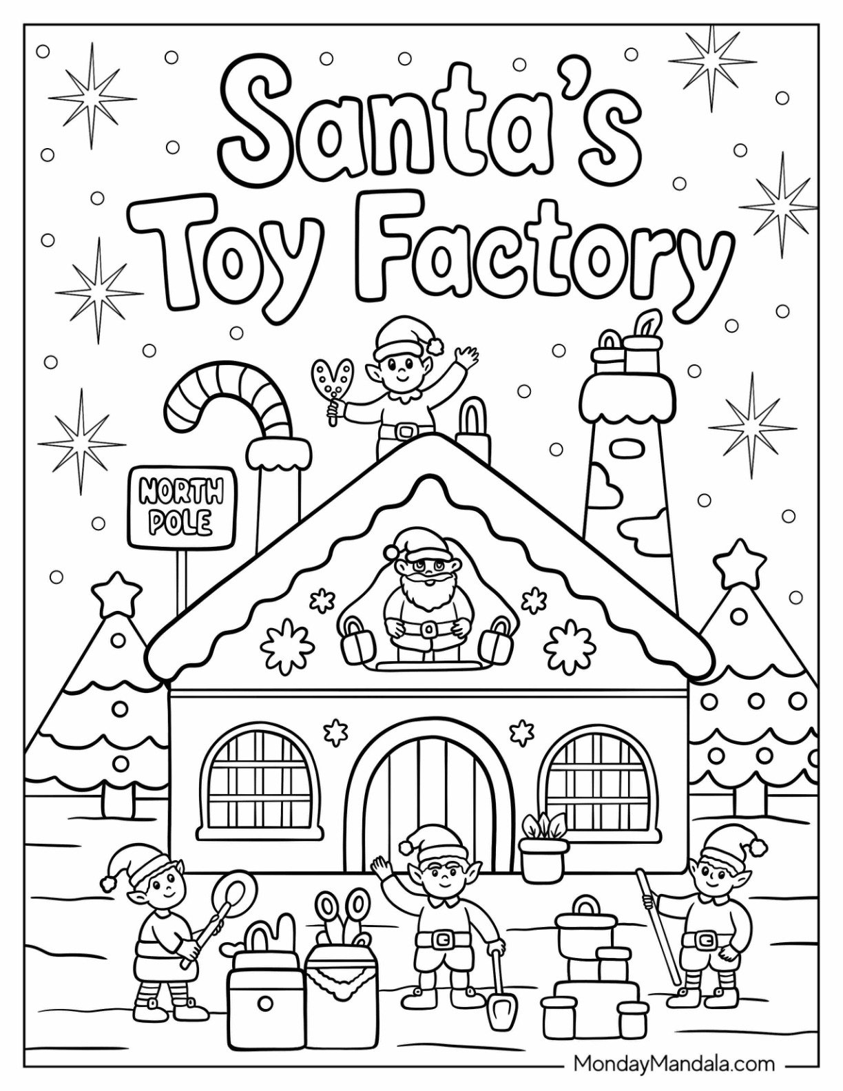 North Pole Christmas Toy Factory with Elves and Santa Coloring Sheet