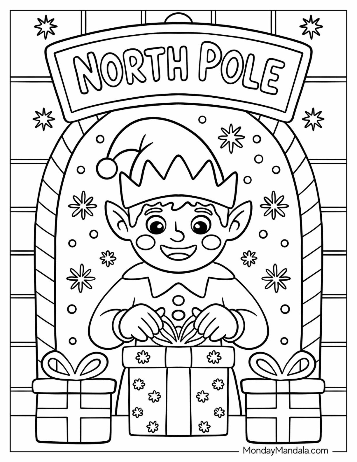 North Pole Coloring Page Elf Opening Christmas Gifts
