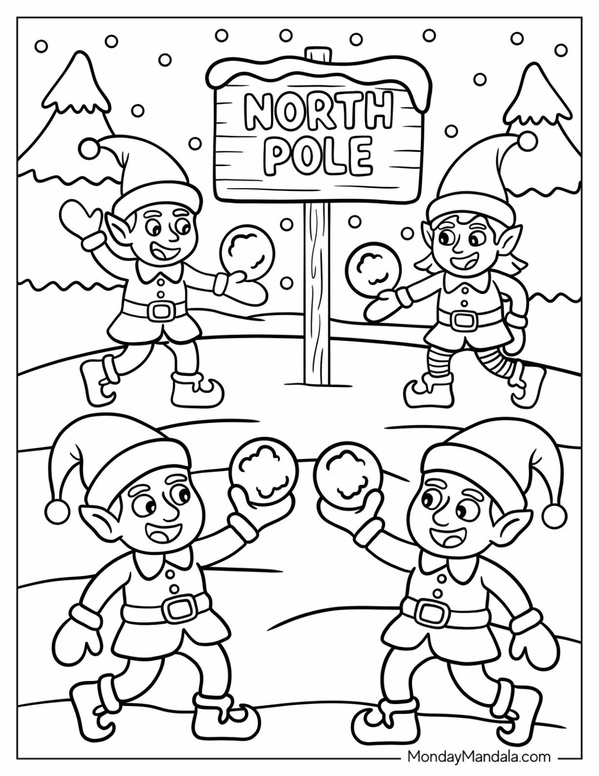 North Pole Coloring Page Elves Having a Snowball Fight