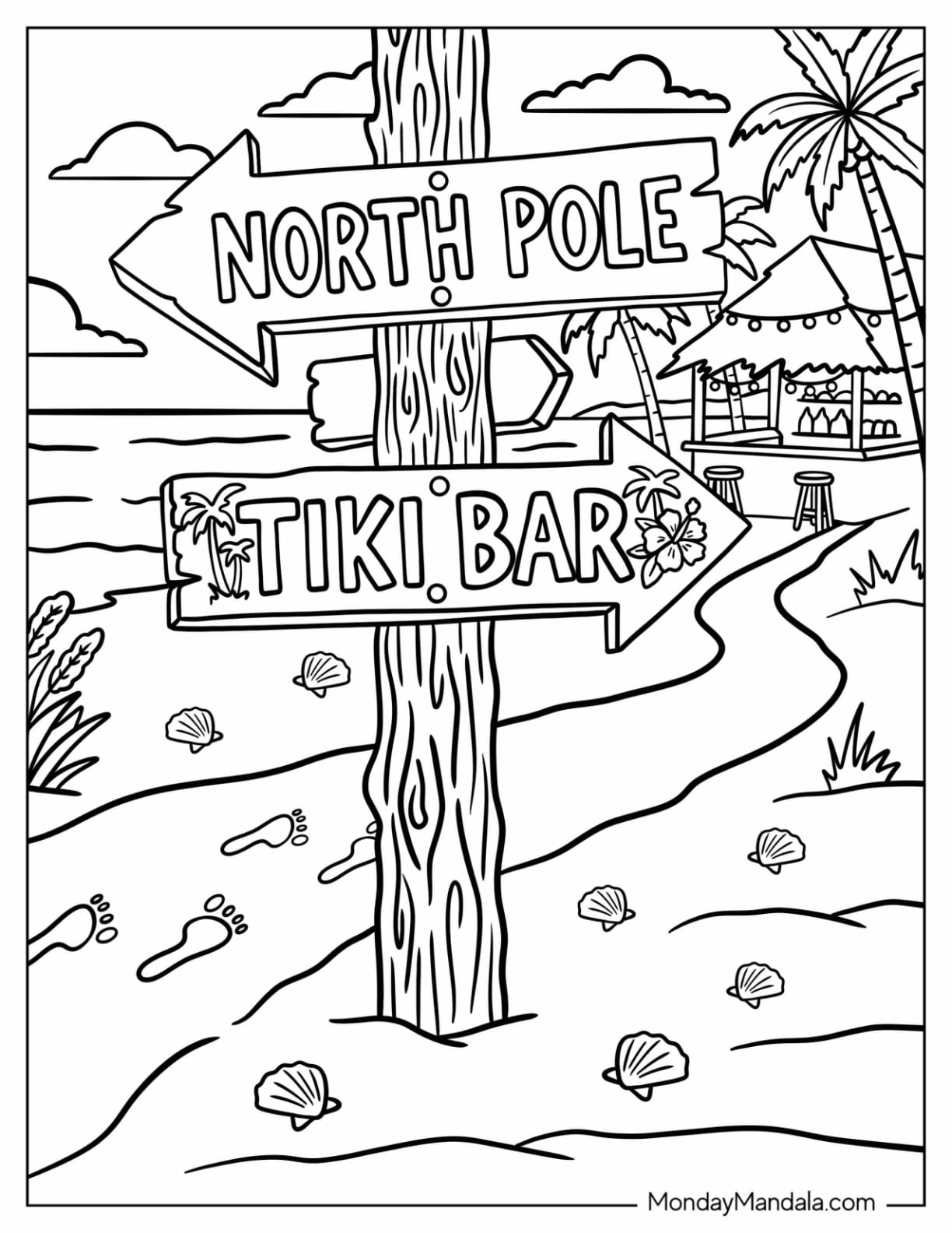 Christmas in July Coloring Page of North Pole Tiki Bar Beach Sign