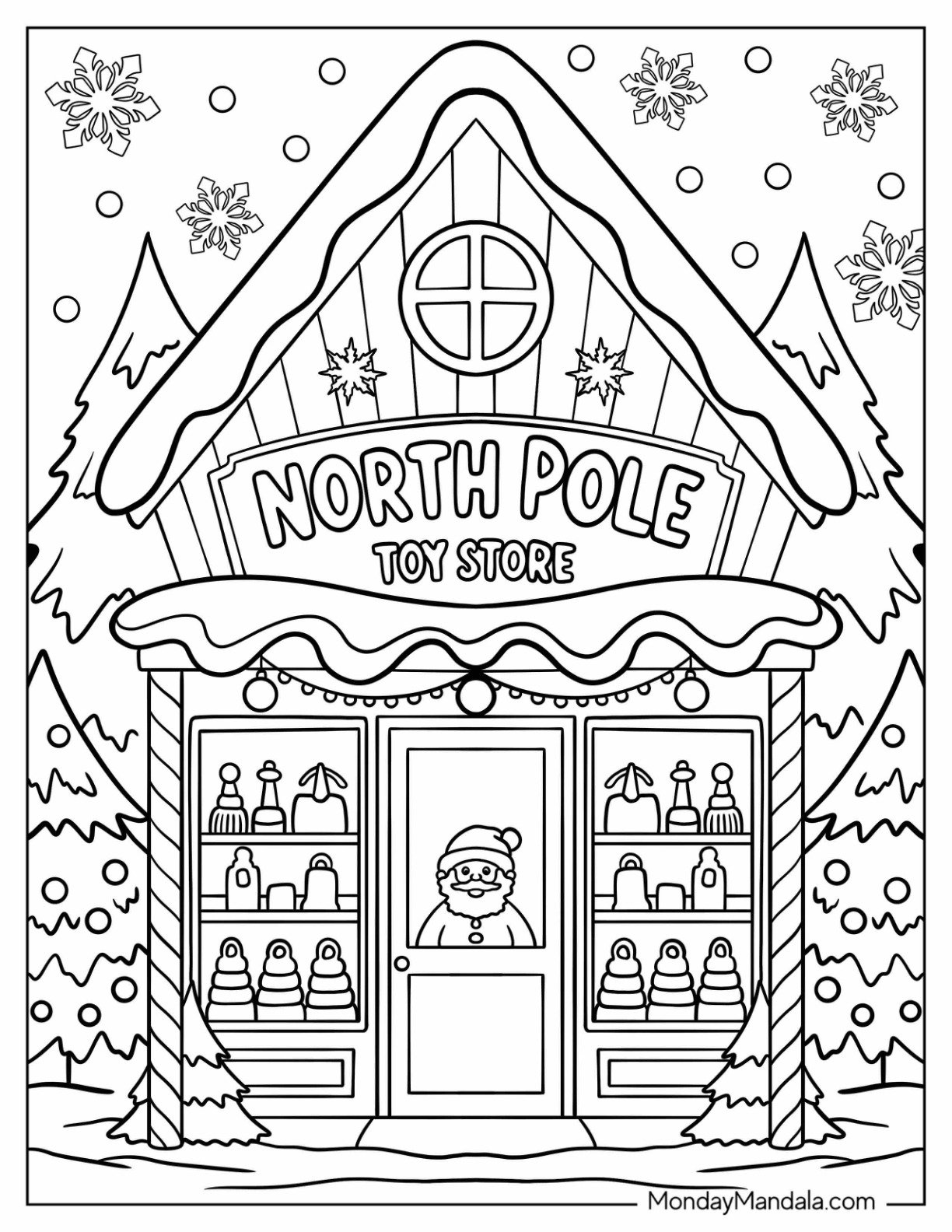 North Pole Coloring Page of Toy Store with Santa at the Door