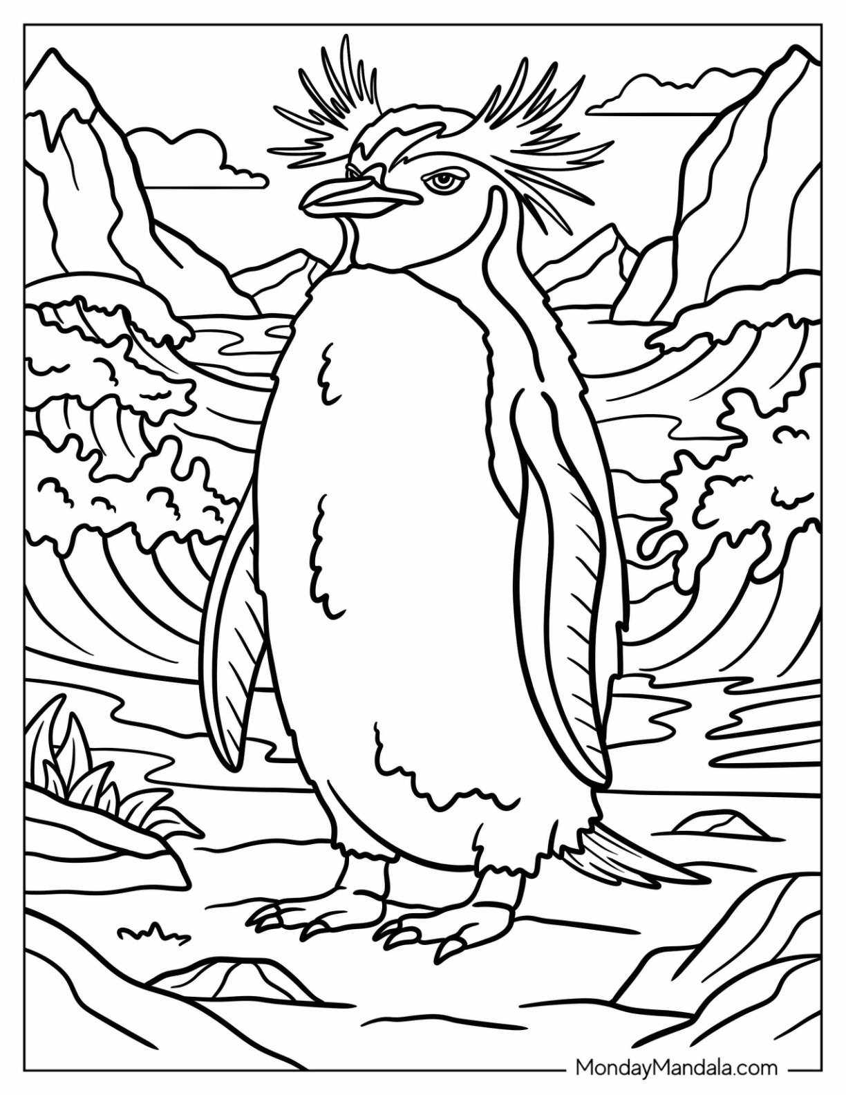 Northern Rockhopper Penguin Coloring Page with Sea Behind It