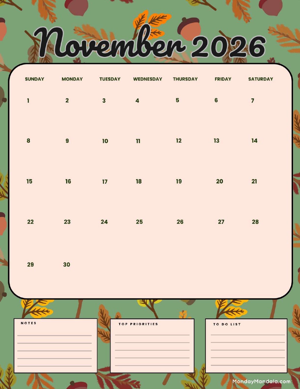 November 2026 Calendar Printable Autumn Portrait v2
