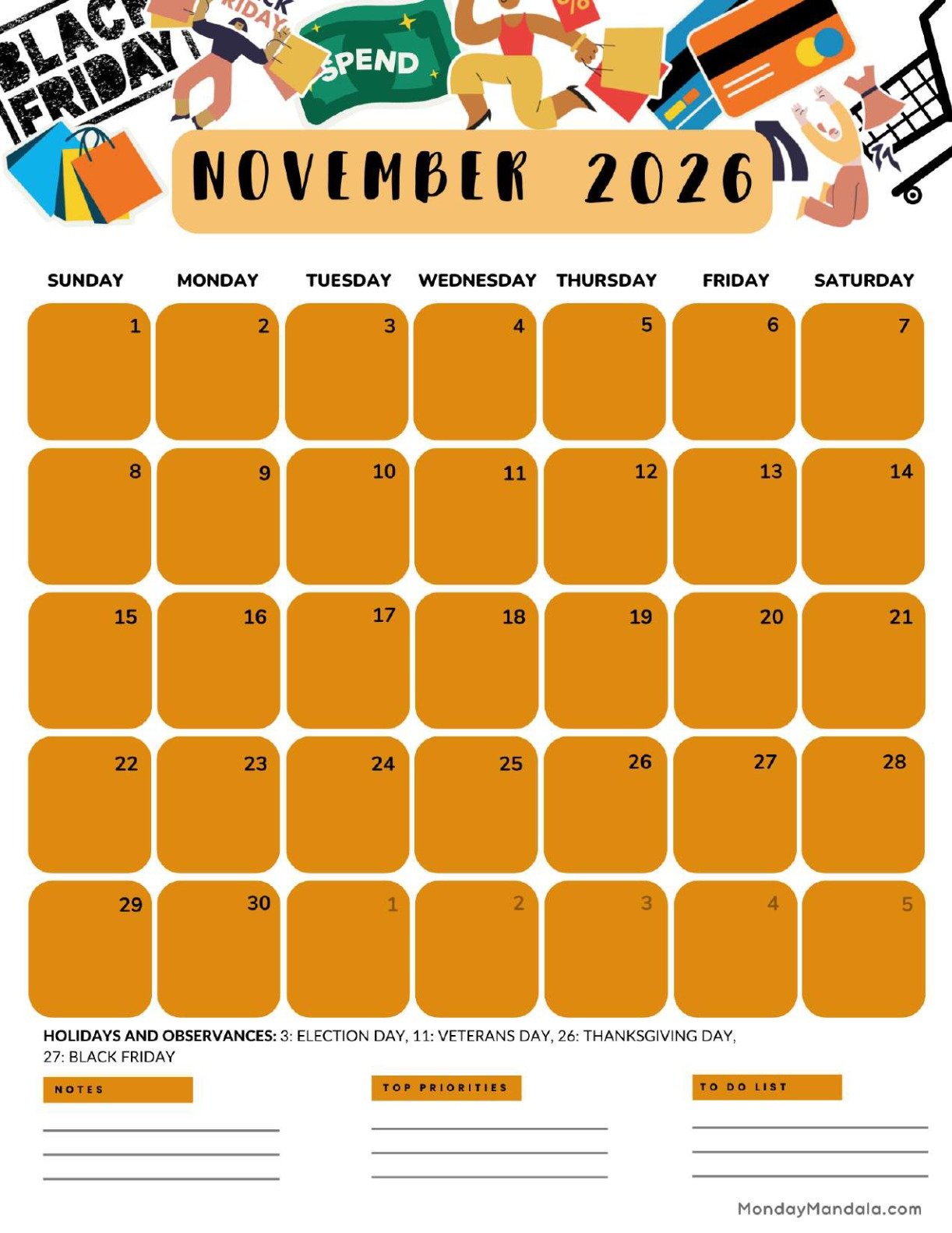 November 2026 Calendar Printable Black Friday Portrait v2